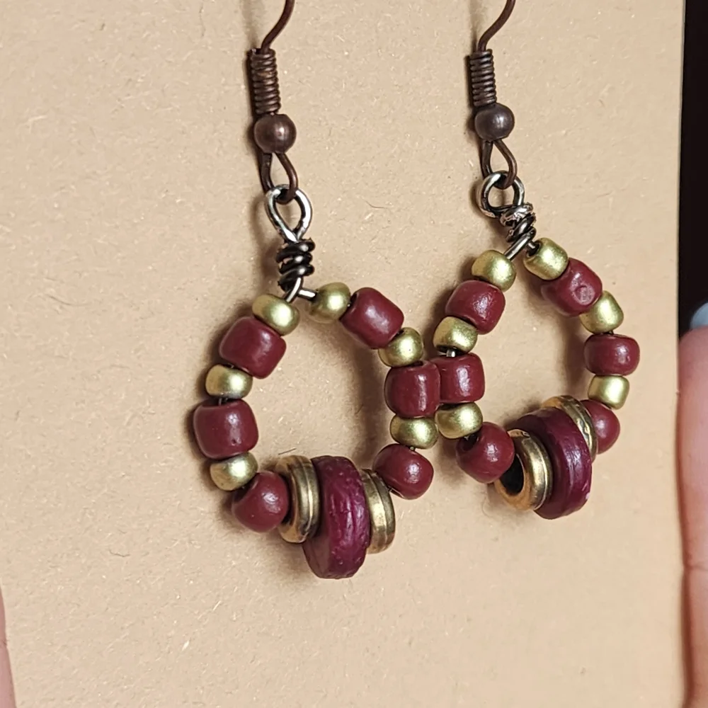 Handmade Beaded Hoop Earrings, Wood And Metal - Picture 4 of 6